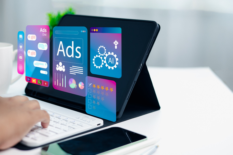 Tablet showing advertising, artificial intelligence and performance metrics
