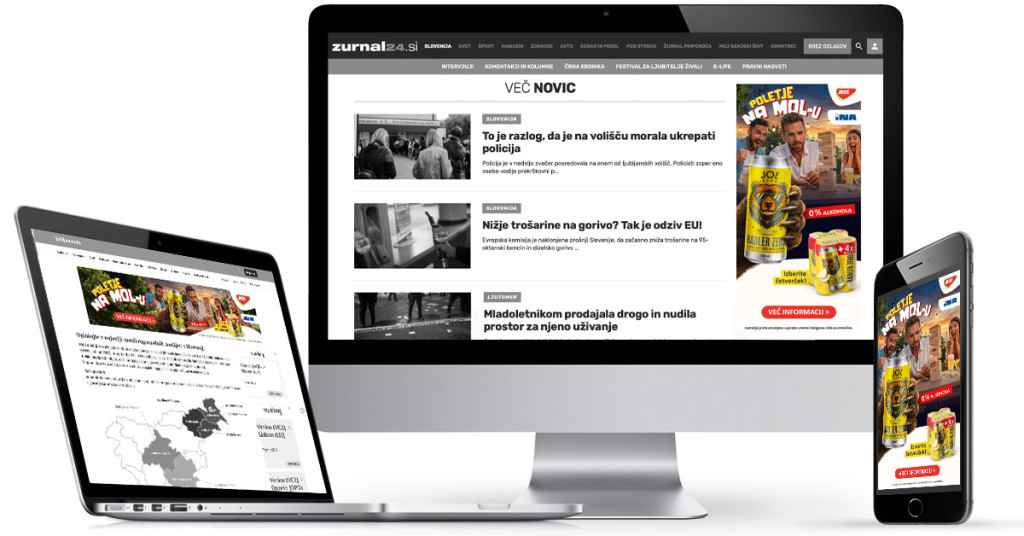 JOE Radler 0.0 ad shown on desktop, laptop and mobile on the zurnal24.si website